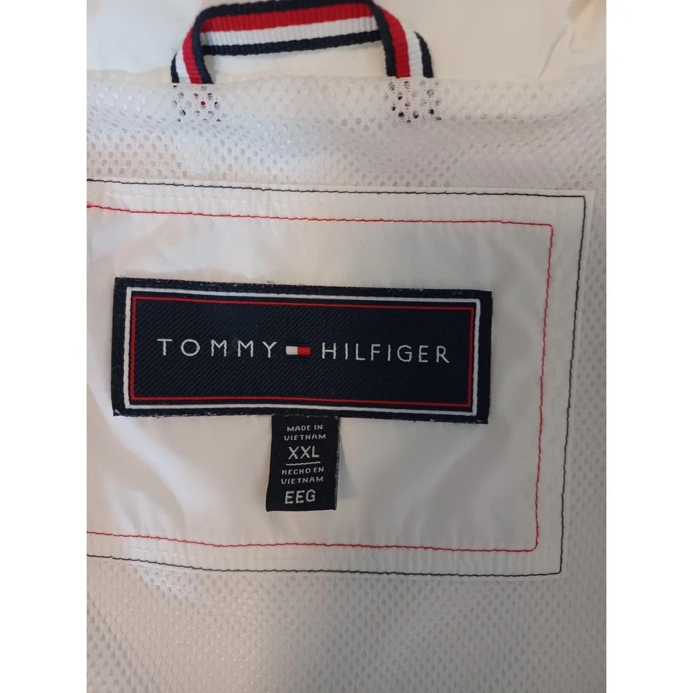 Tommy Hilfiger Jacket Mens 2XL White Hooded Windbreaker‎ Logo Tape Zip Casual